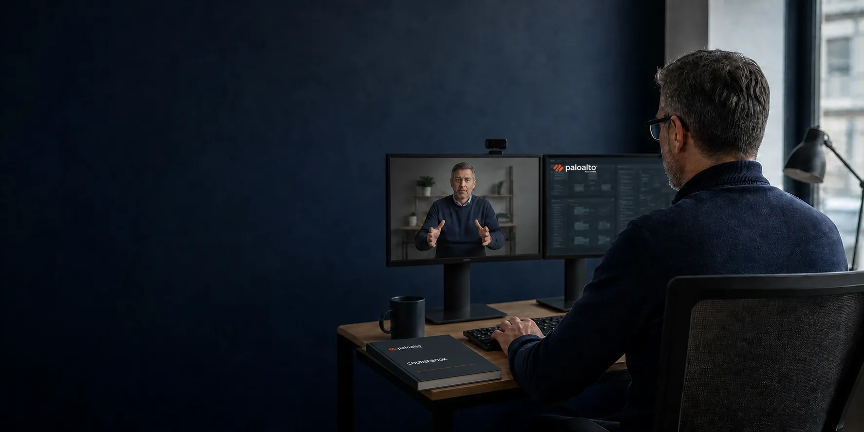 Illustrative concept of an IT professional following live Palo Alto Networks training on dual monitors.